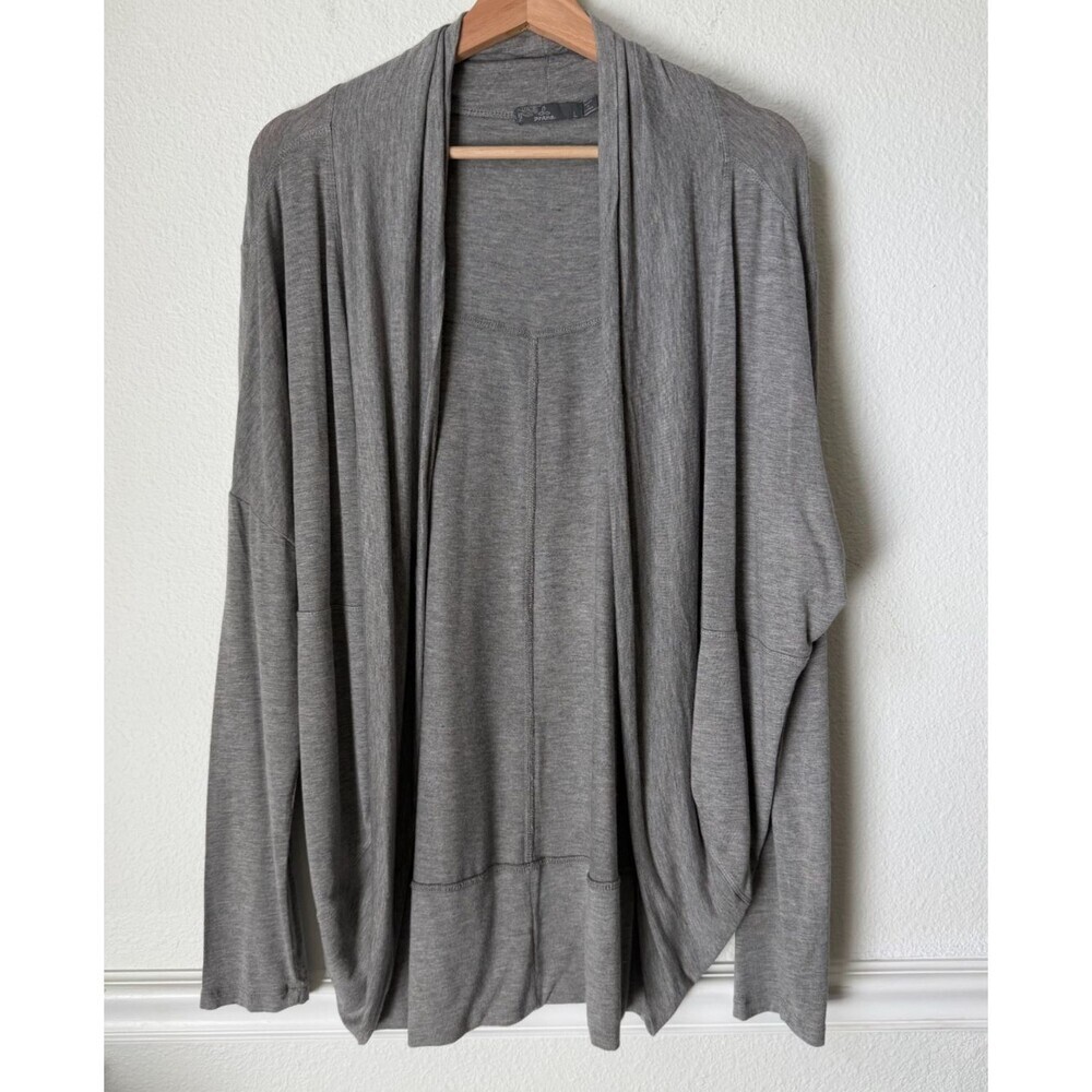 Prana Cardigan Women L Gray Open Front Draped Shawl Collar Lightweight Knit